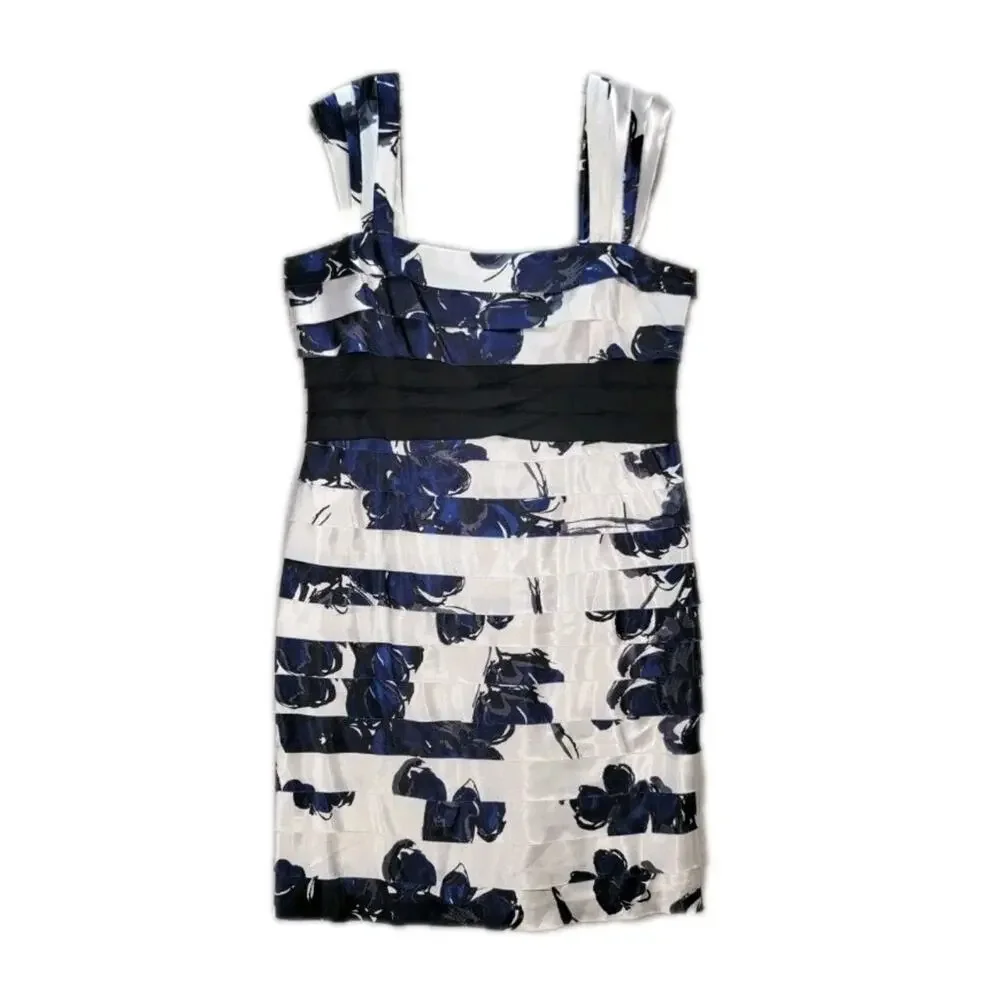 Jones Wear Satin Tiered Coctail Mini Dress Size 6 White Blue Floral‎ Sleeveless